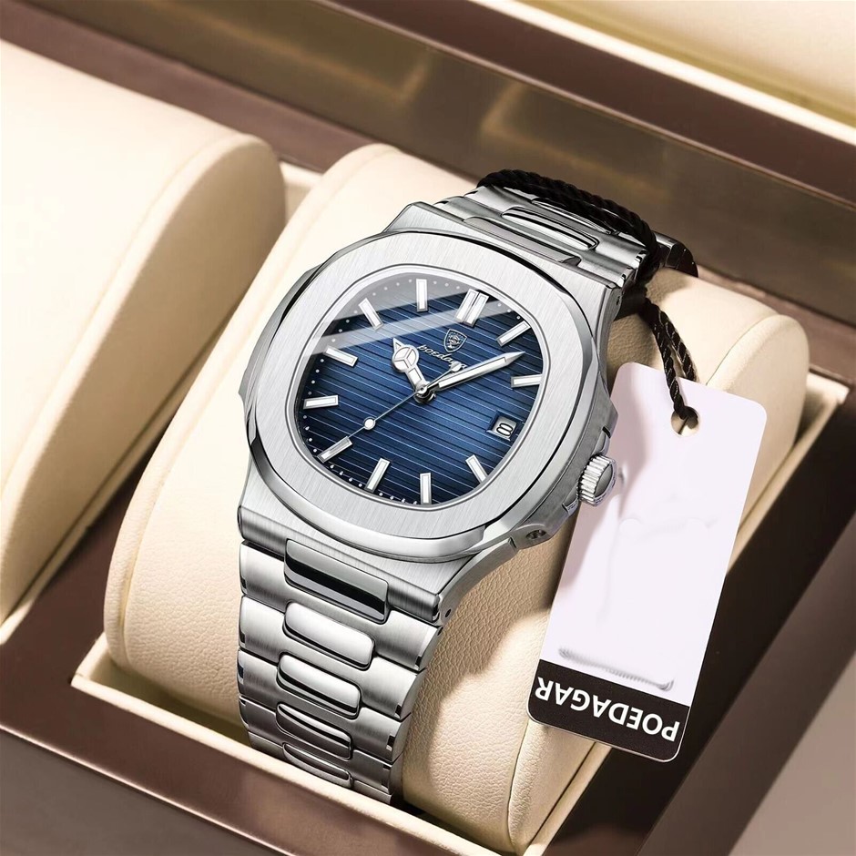 POEDAGAR Elite Silver Blue SS Square Men's Quartz watch