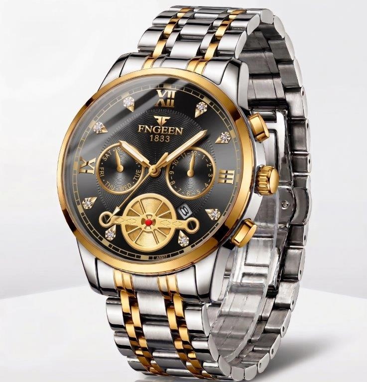 Jewelz Merchants Men’s Luxury Two-Tone Gold & Silver Multi-Function Black