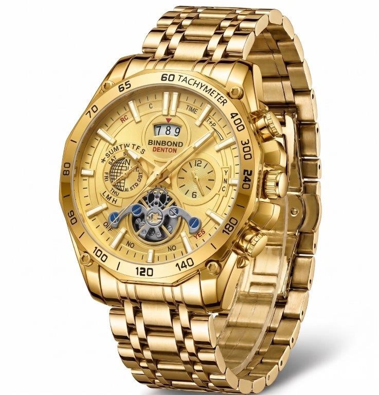 Jewelz Merchants Men’s Luxury Gold Multi-Function Skeleton-Style Watch