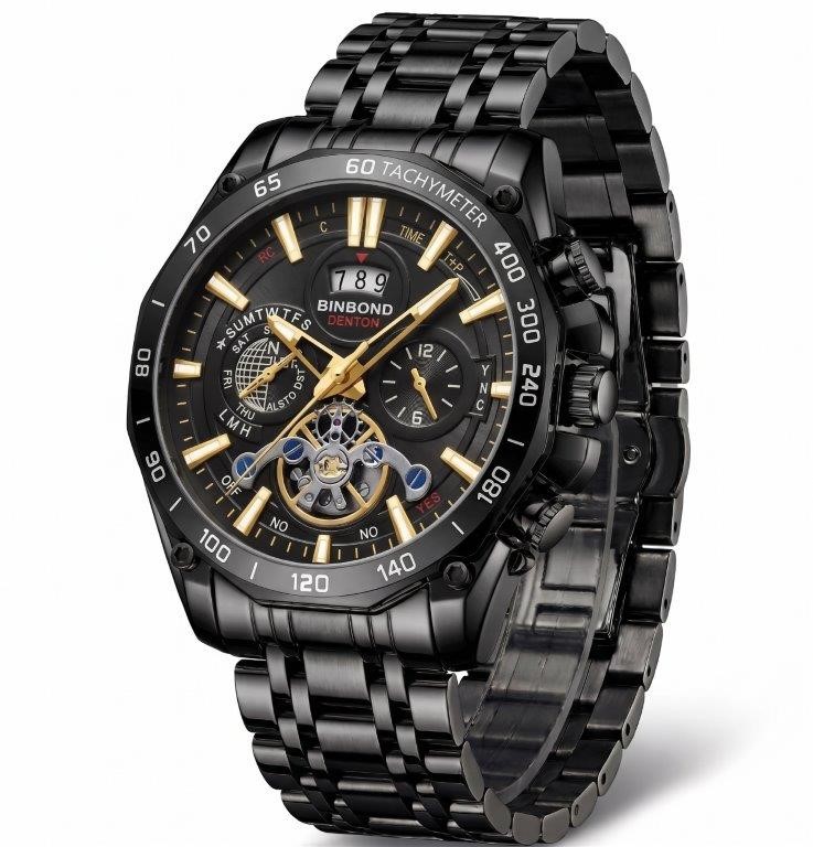 Jewelz Merchants Men’s Luxury Black & Gold Multi-Function Skeleton-Style