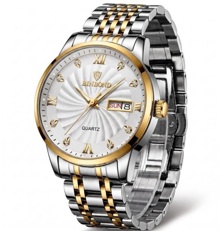 Jewelz Merchants Men’s Luxury Two-Tone Stainless Steel White Dial Day-Date
