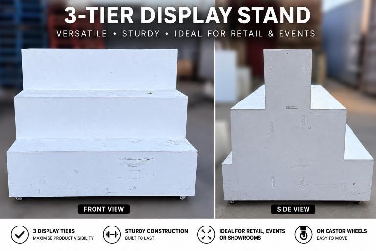 3-Tier White Retail Display Stand on Castor Wheels – for Shop, Warehouse &