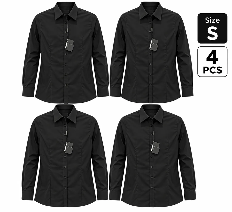 4 PACK Ladies Business Shirt, Black, Size 8 (SMALL)