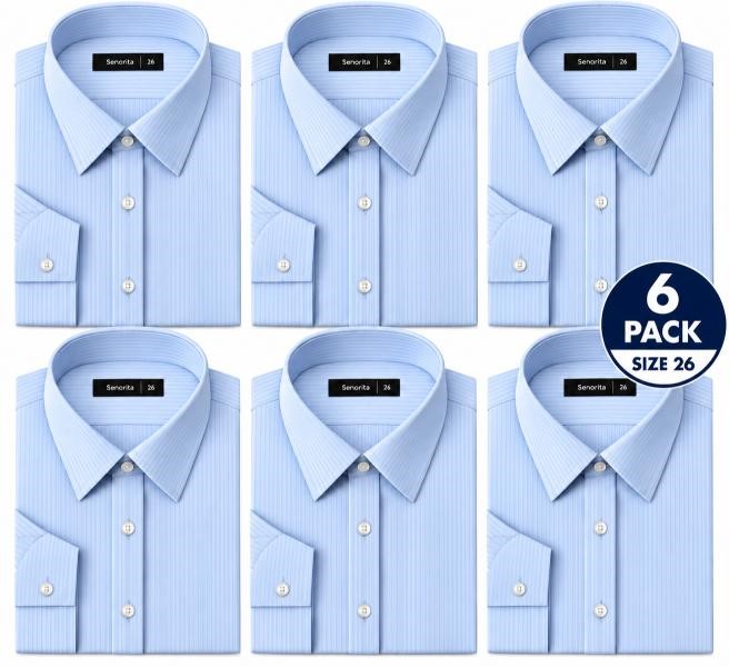 6 PACK Ladies Medium Sleeve Business Shirt, Blue Stripe, Size 26