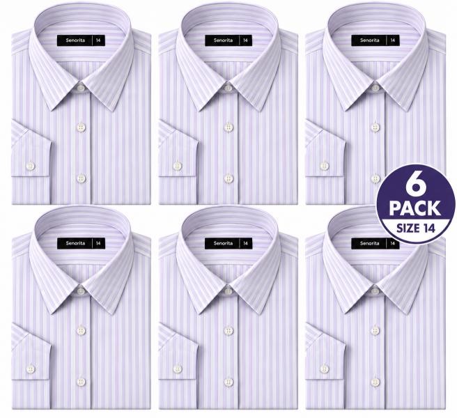 6 PACK Ladies Long Sleeve Business Shirt Lilac/White, Size 14