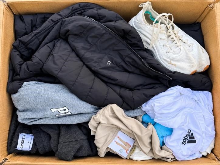 1 BOX of Assorted Clothing and 1 pair of shoes: Adidas, Puma, Calvin Klein