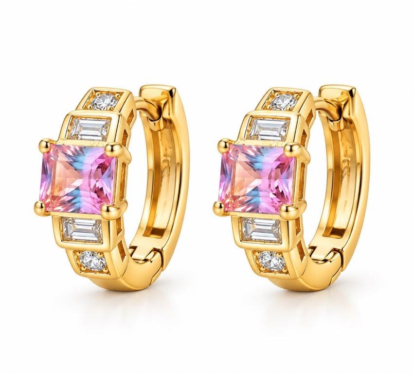14K/Italy Stamps Yellow Gold Filled Earrings ,Pink Emerald Cut Stones