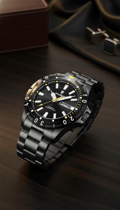POEDAGAR Men's Black Stainless Steel Day Date Quartz Watch with Gift Box