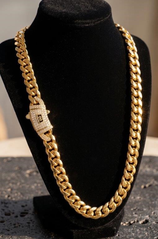 14K-Stamped Yellow Gold Bonded Cuban Miami Chain -60cm-10mm-Bonus Gift