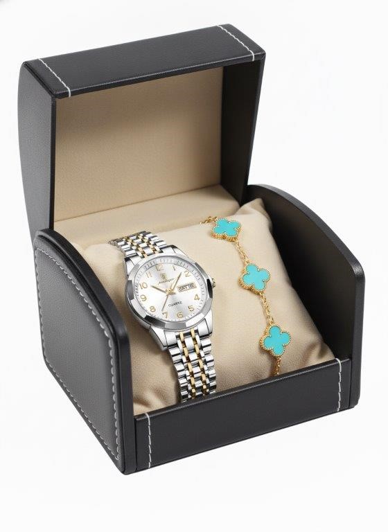 Women's Watch & Clover Bracelet Gift Set w/ Premium Luxury Presentation Box