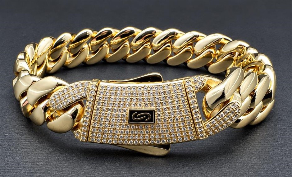 18K/Italy Triple Solid Yellow Gold Plated Cuban Bracelet -22cm-14mm