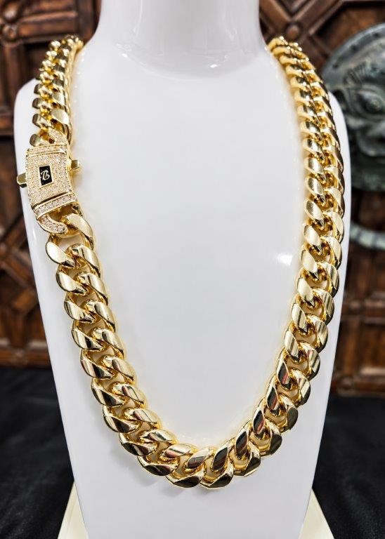 18K/Italy Triple Solid Yellow Gold Plated Cuban Chain -51cm-14mm