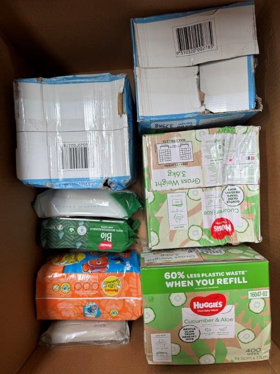 Assorted Box of Baby Wipes. NB: May have damaged packaging.