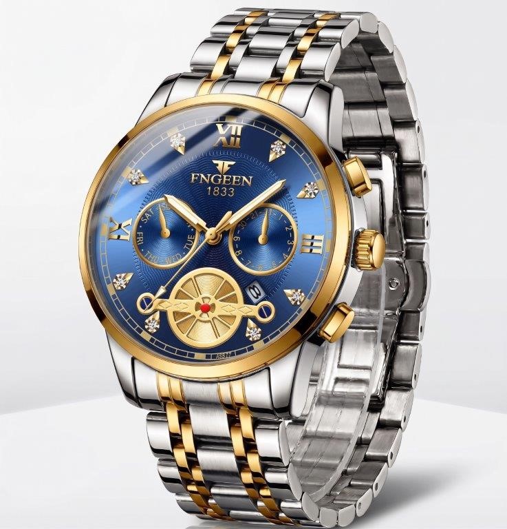 Jewelz Merchants Men’s Luxury Two-Tone Stainless Steel Blue Dial