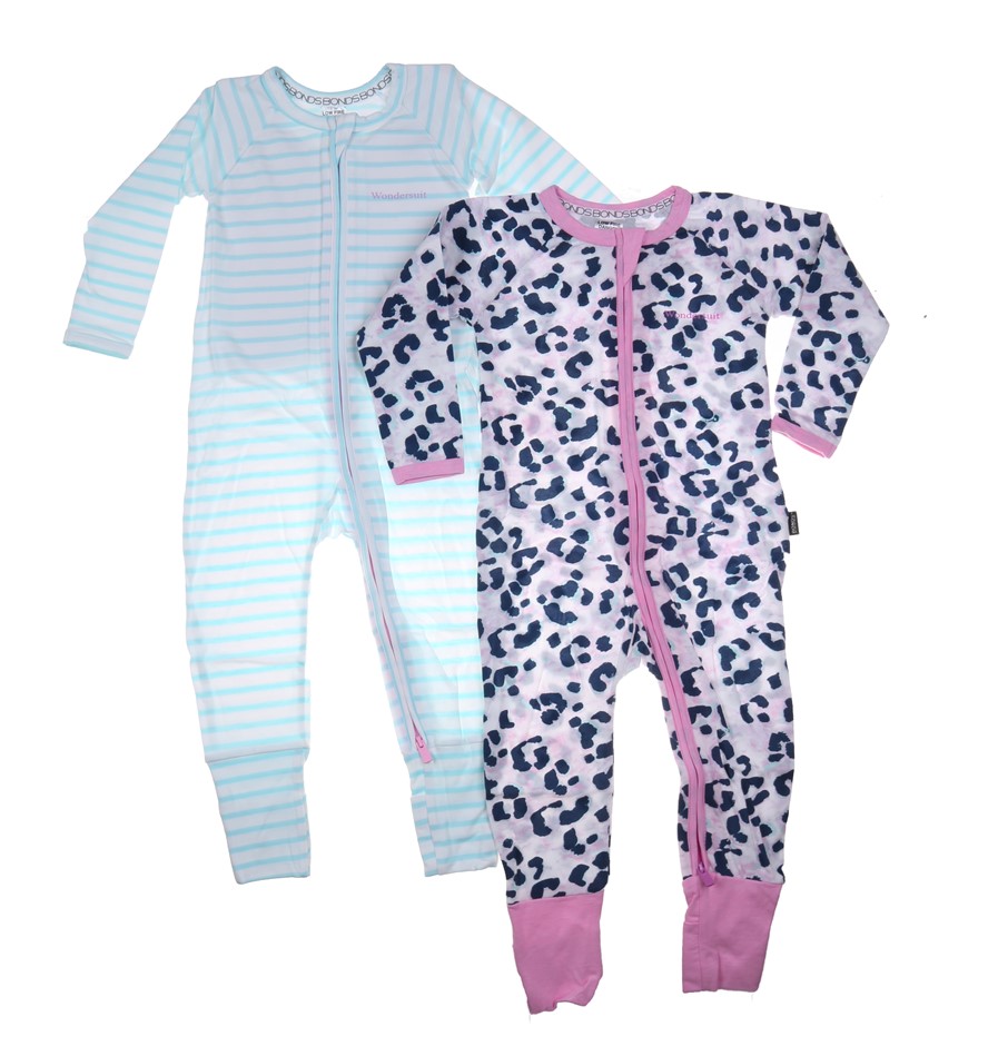 BONDS 2pk Wondersuits, Size 12-18 Months, Pink/Blue/White & Aqua/White Stri