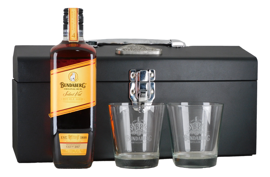 Bundaberg Rum Toolbox & Original Select Vat & 2 Glasses (1x 700mL), QLD.