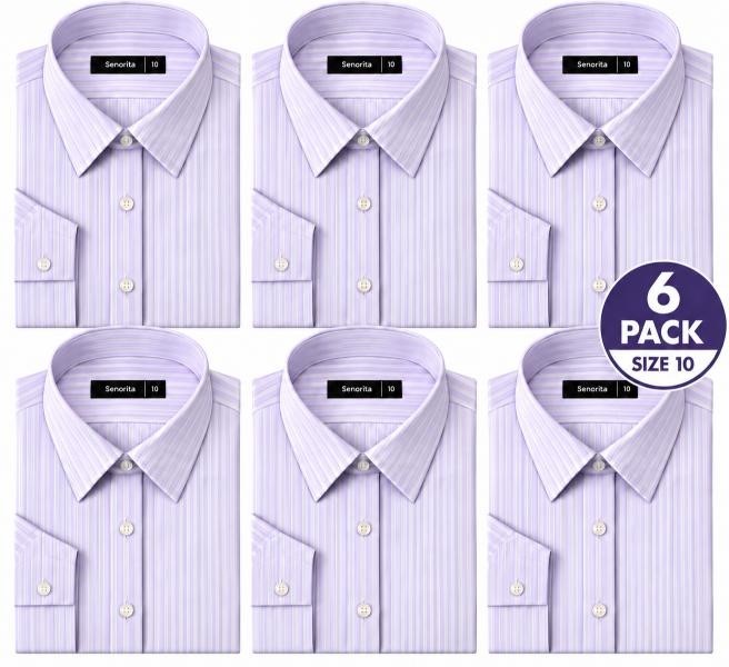 6 PACK Ladies Long Sleeve Business Shirt Lilac/White, Size 10