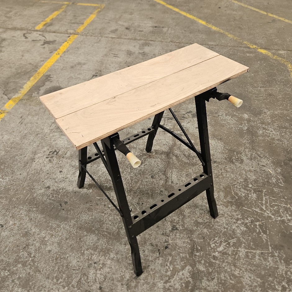<p>Folding Workbench. Steel Roller Conveyor Table. Steel Trestles x 2</p>