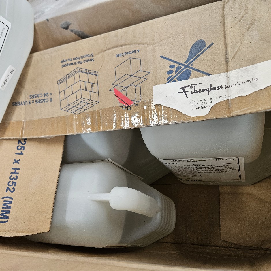 <p>Various Fibreglass products,  Butanox M-60  liquid catalyst, Talc powder