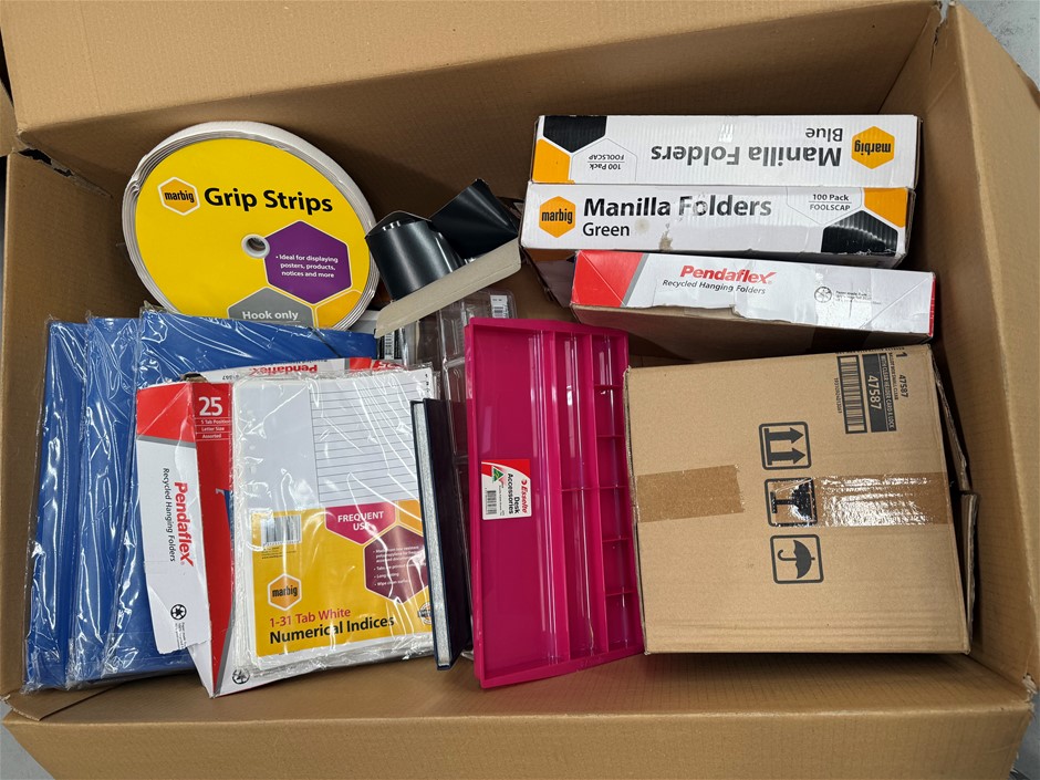 Assorted Box of Office Supplies incl: Manilla Folders, Numerical Indices, G