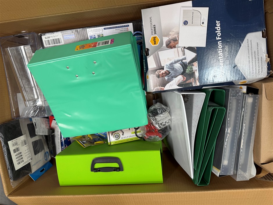 Assorted Box of Office Supplies incl: Binders, Presentation folders and mor