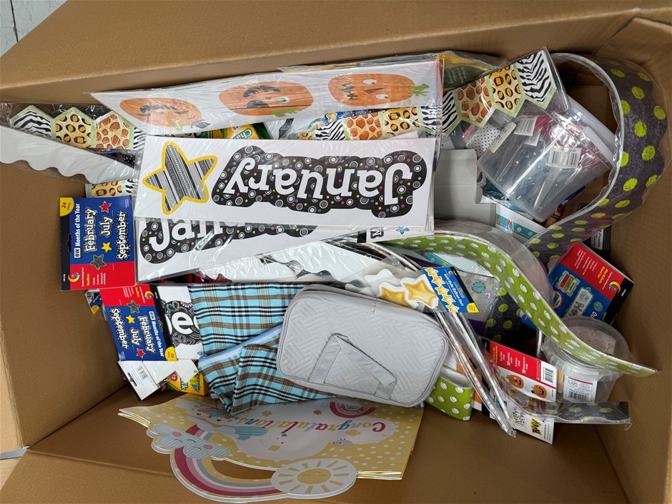 Assorted Box of School Supplies incl: Stickers, Decorations and more. NB: