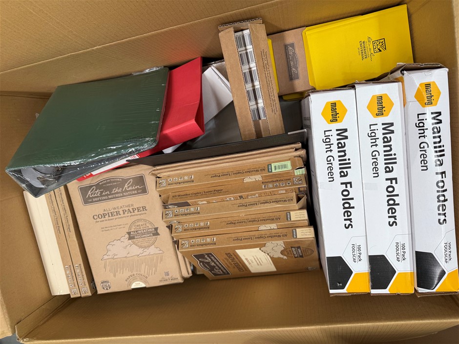 Assorted Box of Office Supplies and Crafts incl: Manilla Folders, Copier Pa
