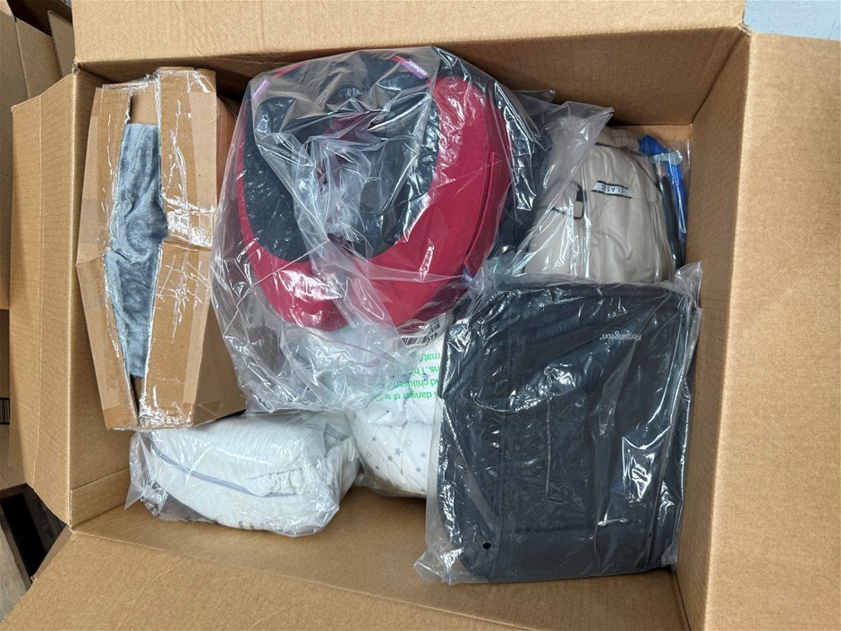 Assorted Box of Backpacks, Bedding etc. Incl: Bags, Travel Pillow and more.
