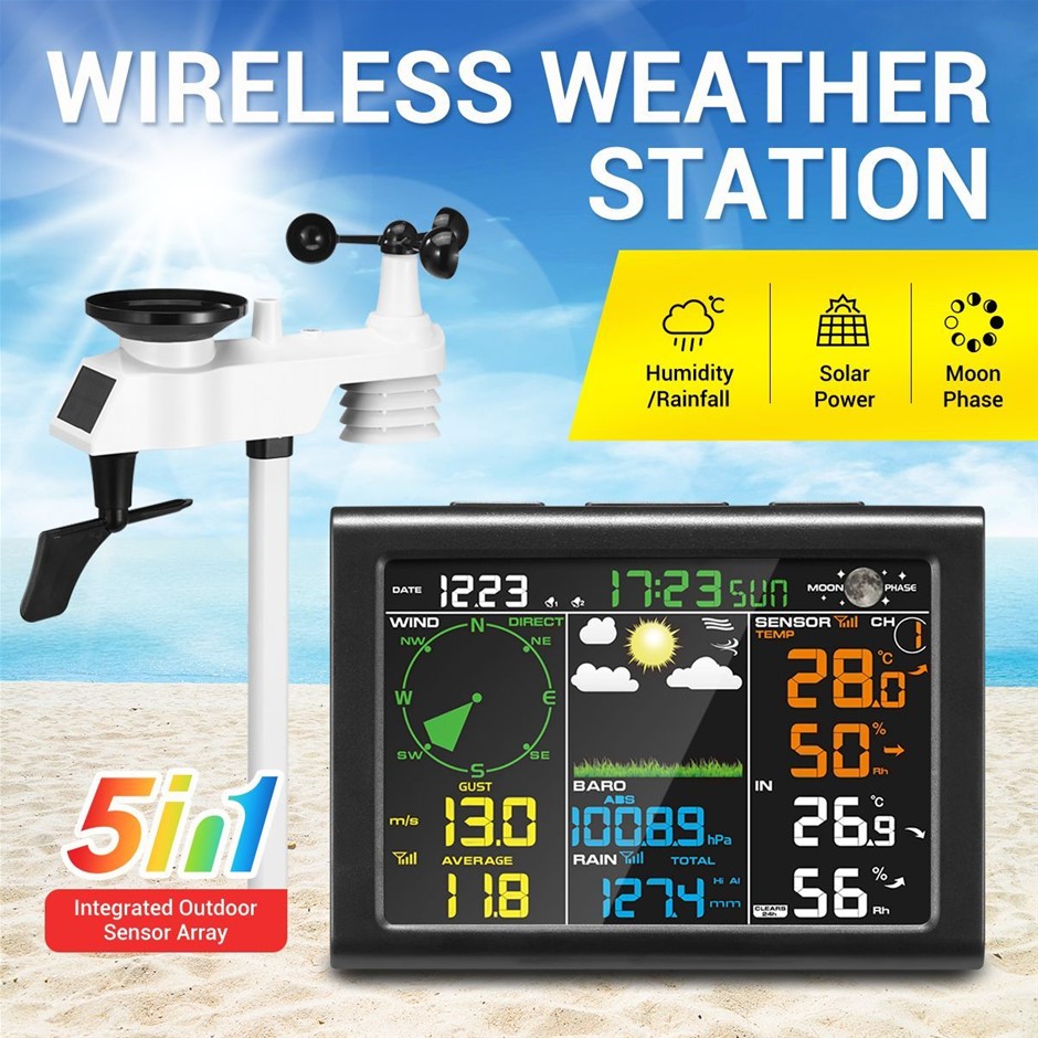 Solar Powered Wireless Weather Station Rain Gauge Temperature Humidity Wind