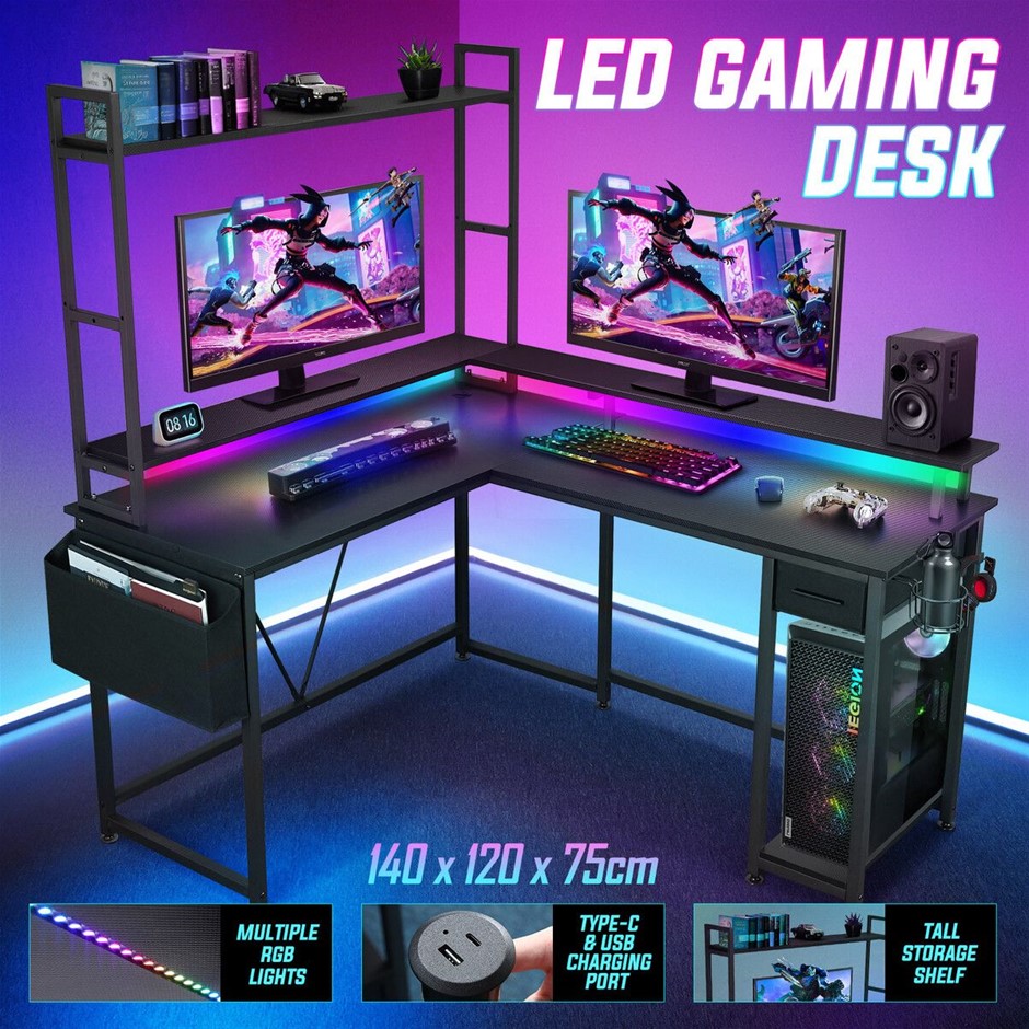 L-Shaped Gaming Desk with Drawer Shelves LED Lights Storage Bag