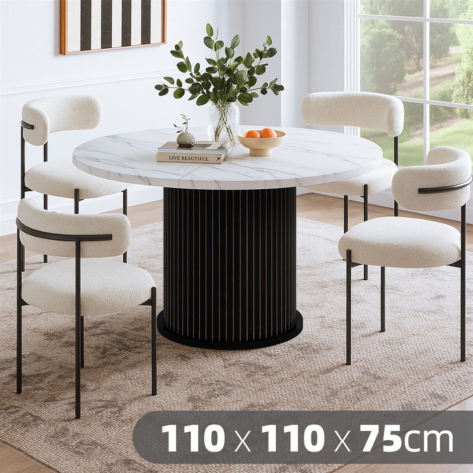 110cm Round Dining Table Marble Top Metal Base