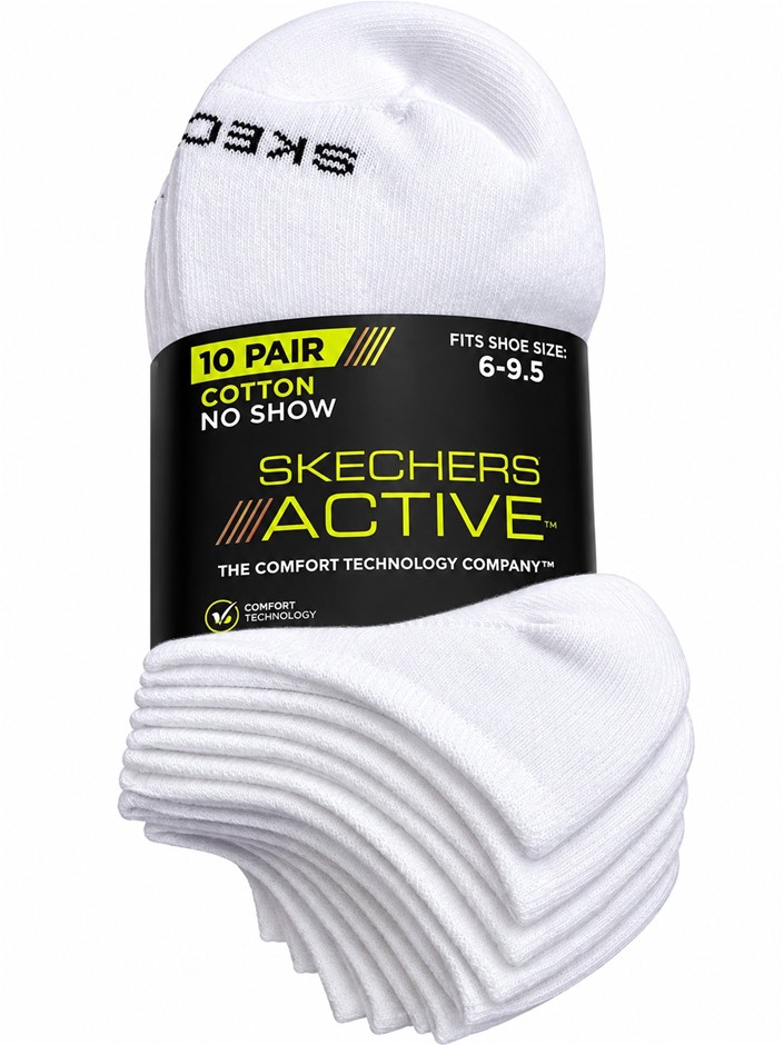 10 Pairs x SKECHERS Women's No Show Socks, Size 9-11, 74% Cotton, Tradition