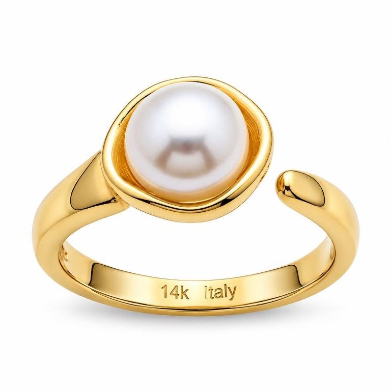 14K/Italy Stamped Yellow Gold Filled White Pearl Open Ring Bonus Gift7US