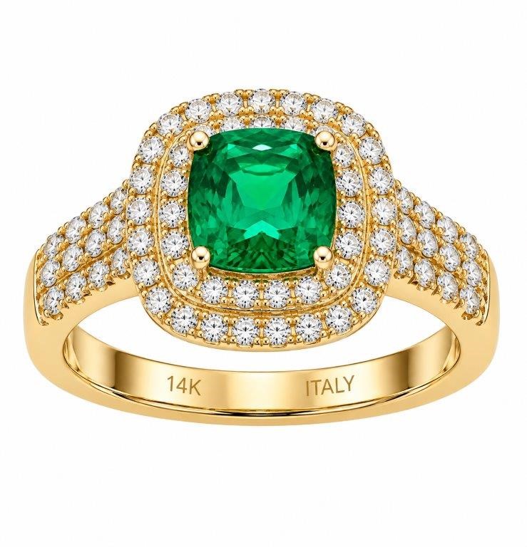 14K/Italy Stamped Yellow Gold 2.5CT Princess ct Green Double Halo Ring 10US
