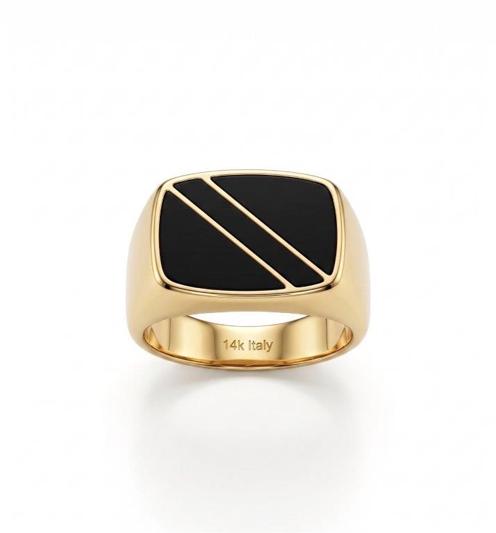 14K/Italy Stamped Yellow Gold Men’s Black Onyx Signet Ring- 12US-Bonus Gift