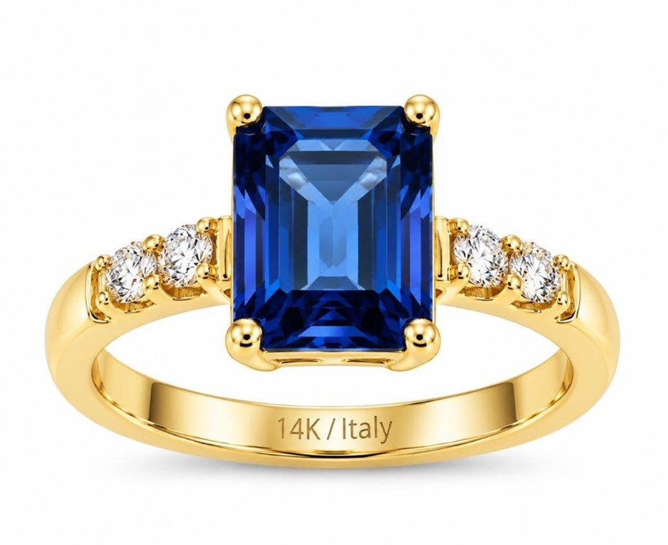 14K/Italy Stamped Yellow Gold  3.5ct Blue Emerald ct Ring- 6US-Bonus Gift