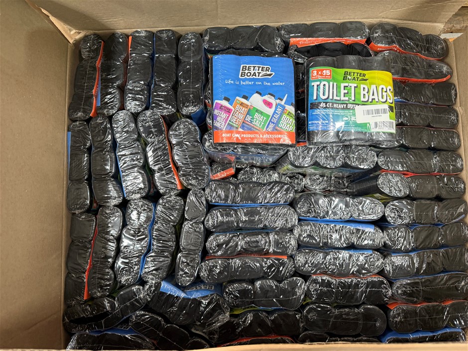 Box of Toilet Bags and Better Boat Care Products.