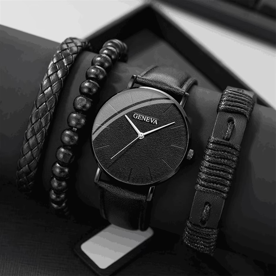 4PCS Men's Fashion Watch and Bracelet Set, Black