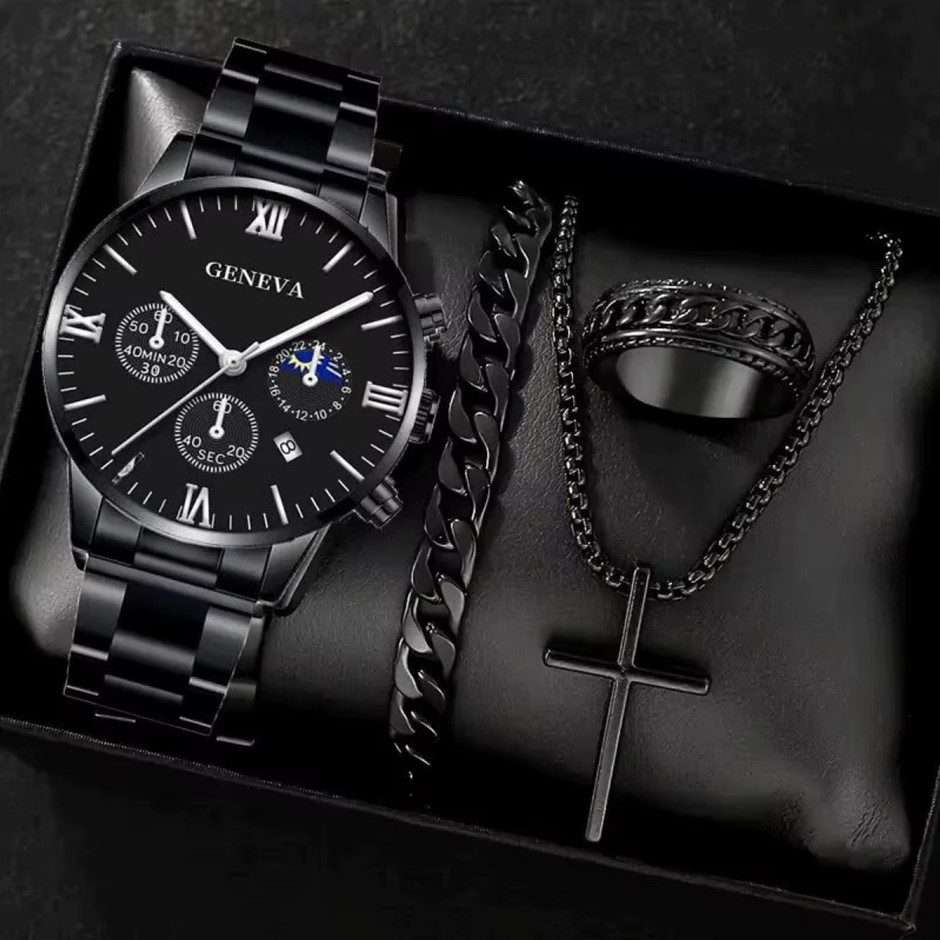 Men's 4PCS Quartz Watch, Cross Pendant Necklace, Ring Bracelet Set