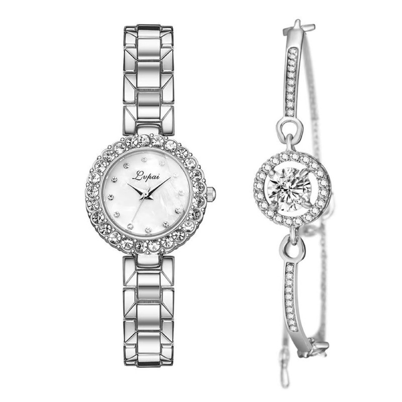 Fashionable Crystal Quartz  Watch and Bracelet Set, Silver/White