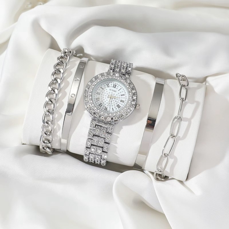 5PCS Crystal Encrusted Watch & Bracelets Set, Silver