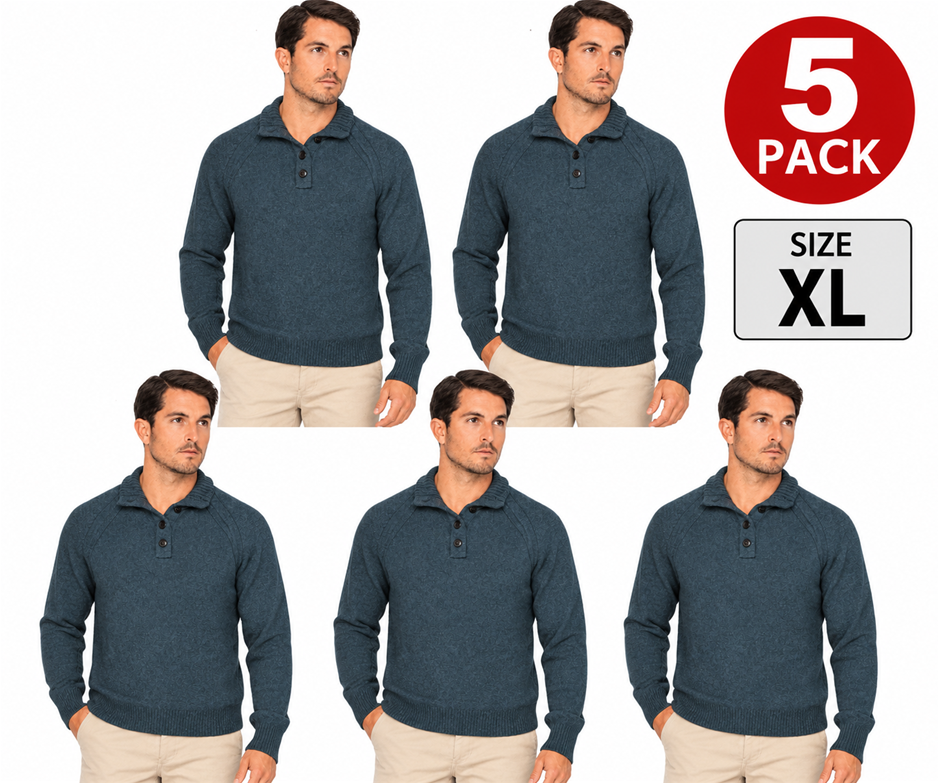 5 PACK GLOSTER Men's Raglan Sweater, Size XL, 80% Wool, Navy Marle.