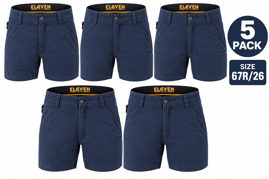 5 PACK ELEVEN Men's Jolt Shorts Workwear, Color Navy, Size 67R/26