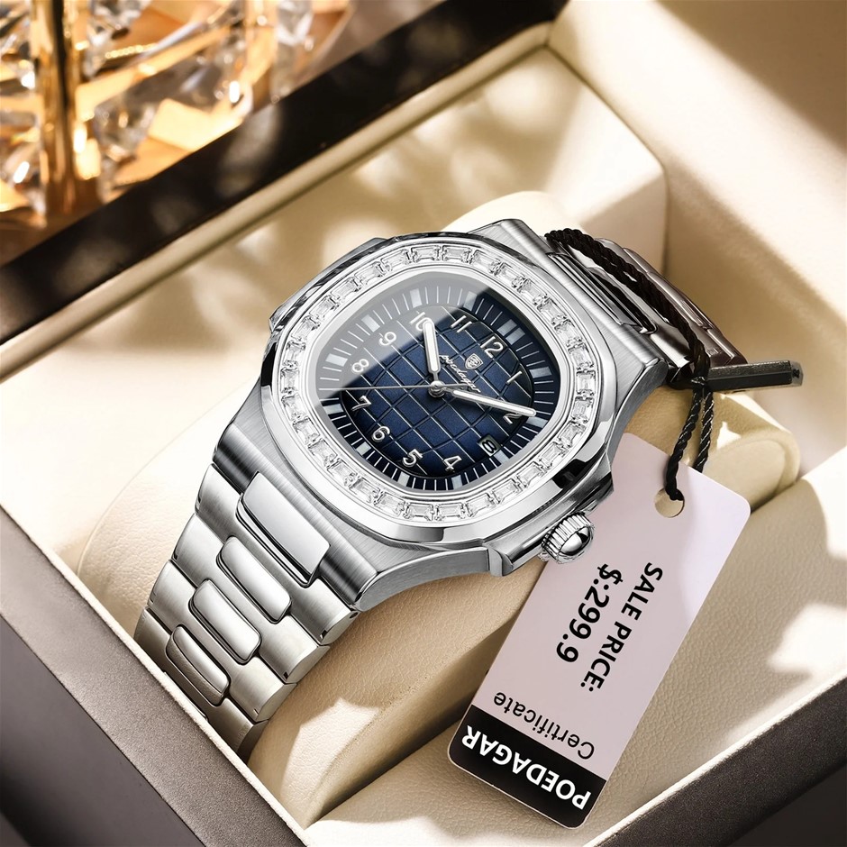 POEDAGAR Blue SS Square Men's Quartz Watch