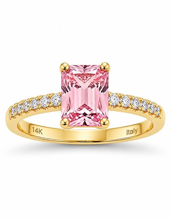 14K/Italy 2.0ct Pink Emerald Cut Yellow Gold Bonded Ring(stamped) 9US