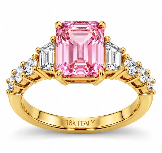 18K/Italy 3.0ctw Pink Emerald Cut Yellow Gold Bonded Ring(stamped) 7US