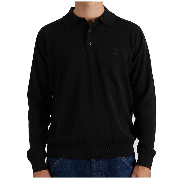NAUTICA Men's Long Sleeve Knit Polo, Size L, 100% Cotton, True Black (0TB),