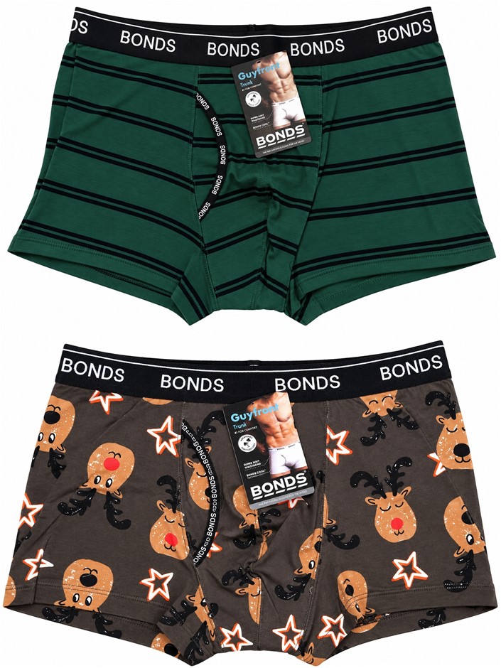 2 x Bonds Mens Underwear Cotton Blend Guyfront Trunks, Print G6N & Stripe 2