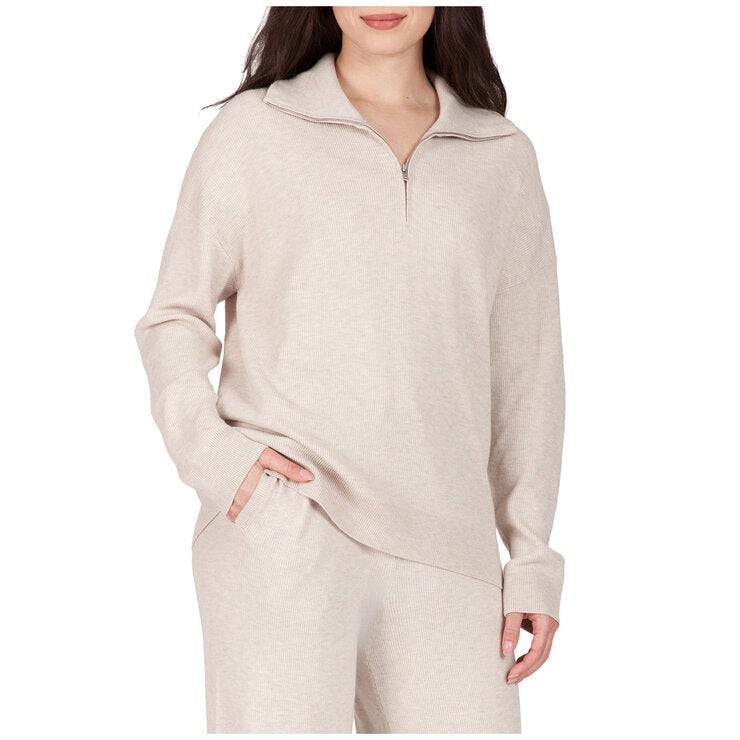 TKEES Women's 1/4 Zip Knit Ribbed Top, Size XL, Beige.