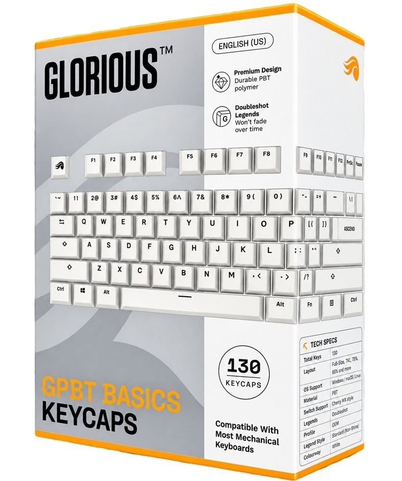 Glorious Gaming - GPBT Basics Keycaps (Classic White) - No-Fade Dye-Sublima